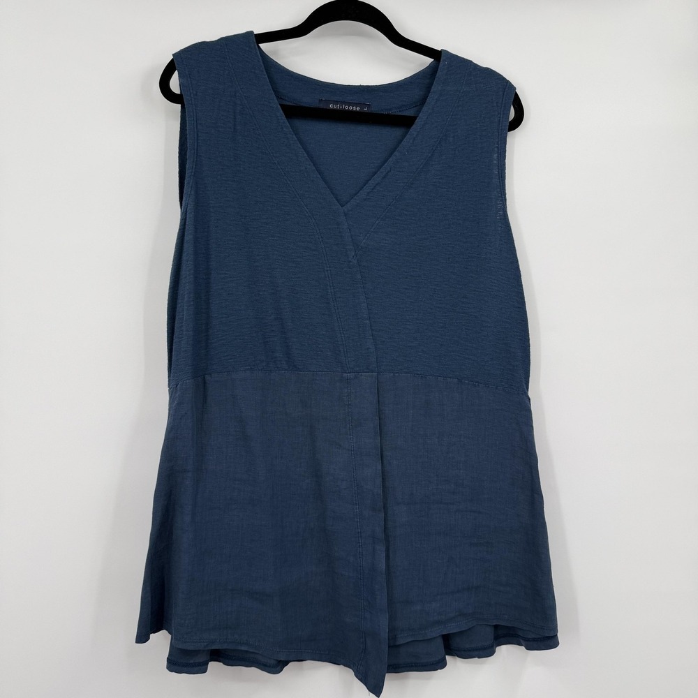 Cut‎ Loose Tank Tunic Womens Medium Blue V-Neck Linen Blend Lightweight Casual